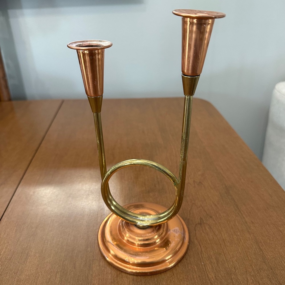 Vintage Coppercraft Guild Copper and Brass French Horn Double Candle Holder